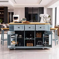 53 Large Rolling Kitchen Island with Drop Leaf & Power Outlet, Kitchen Cart with Door Storage, 5 Side Racks & 5 Wheels, Grey Blue