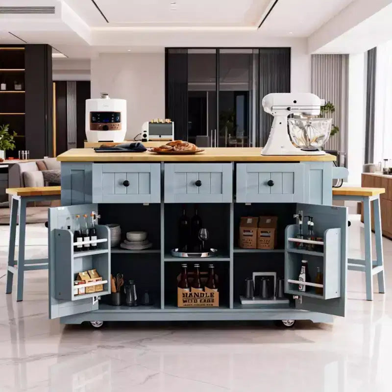 53 Large Rolling Kitchen Island with Drop Leaf & Power Outlet, Kitchen Cart with Door Storage, 5 Side Racks & 5 Wheels, Grey Blue