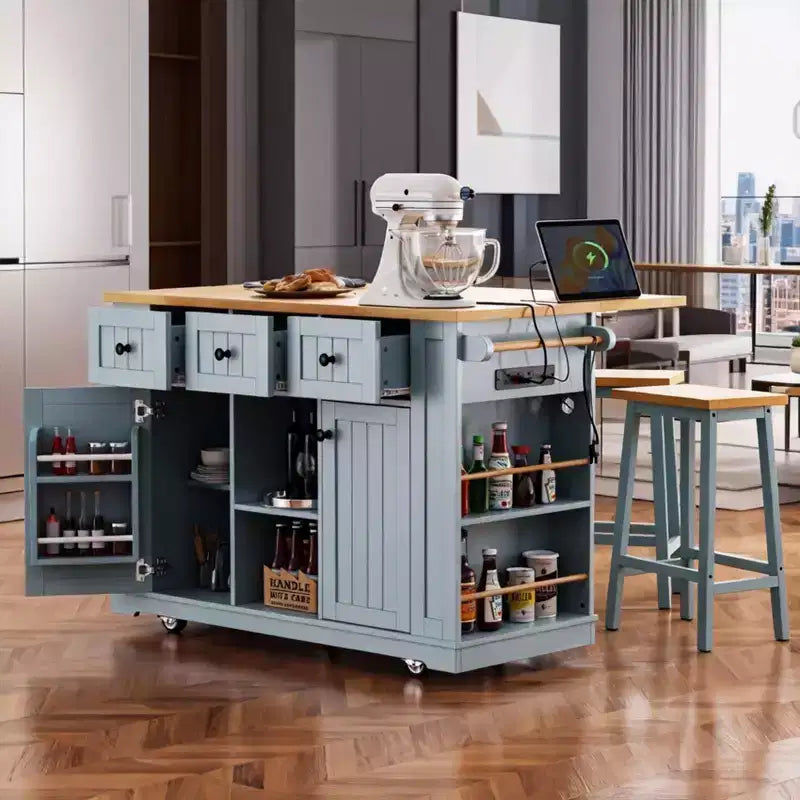 Isola cucina mobile grigio-azzurra con anta a ribalta e presa di corrente, 1 persona, 5 ante 7 ripiani