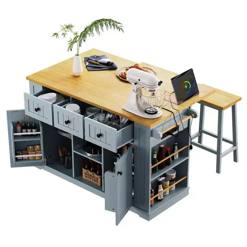 Isola cucina mobile grigio-azzurra con anta a ribalta e presa di corrente, 1 persona, 5 ante 7 ripiani