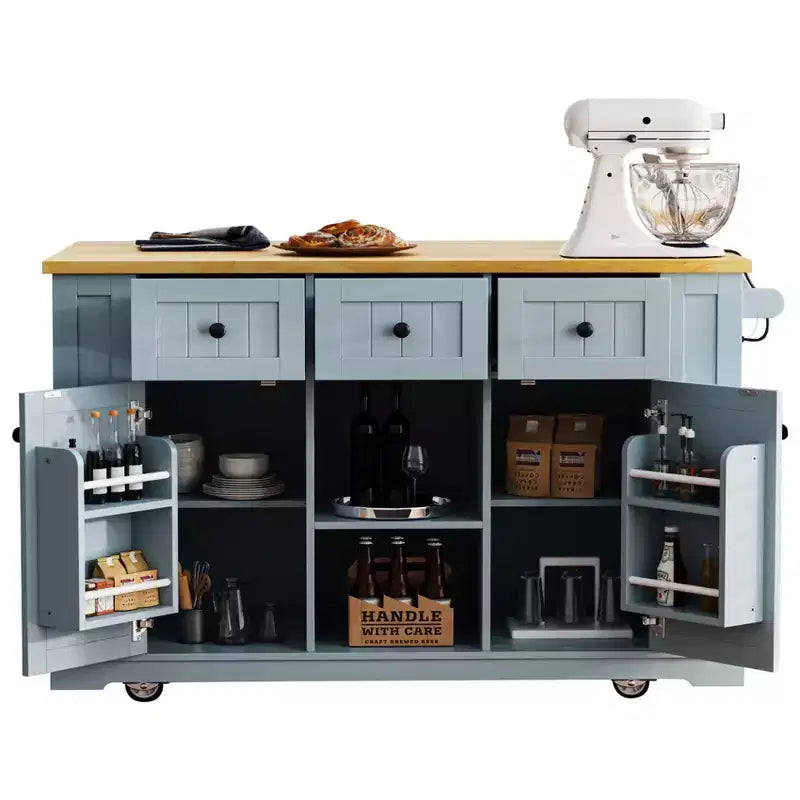 Isola cucina mobile grigio-azzurra con anta a ribalta e presa di corrente, 1 persona, 5 ante 7 ripiani