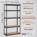 Scaffale metallico nero a 5 ripiani, montaggio da 1 persona, 76 cm L x 30 cm P x 152 cm H