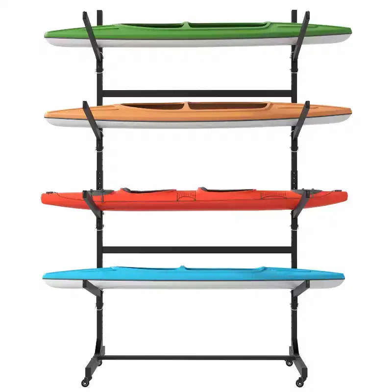 VIYET 80H Freestanding Kayak Storage Rack, Heavy-Duty Adjustable Stand with Lockable Wheels, Holds 4 Kayaks/Canoe/SUP/Surfboard (Black)