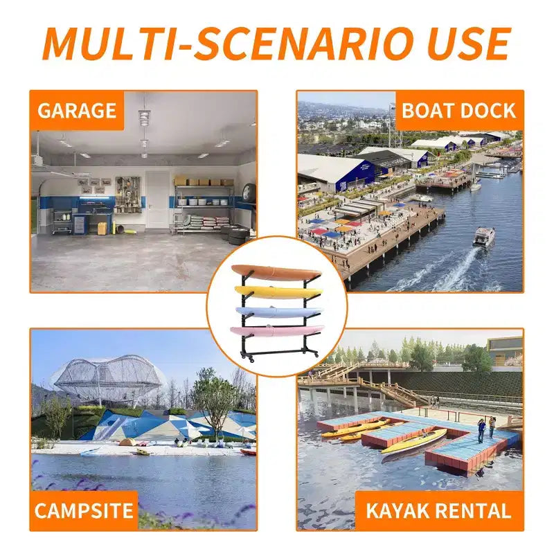Rastrelliera Nera Indipendente per Kayak, Capacità 4 Kayak, con Ruote Piroettanti Bloccabili