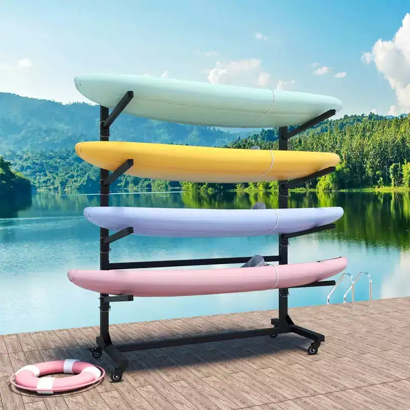 Rastrelliera Nera Indipendente per Kayak, Capacità 4 Kayak, con Ruote Piroettanti Bloccabili