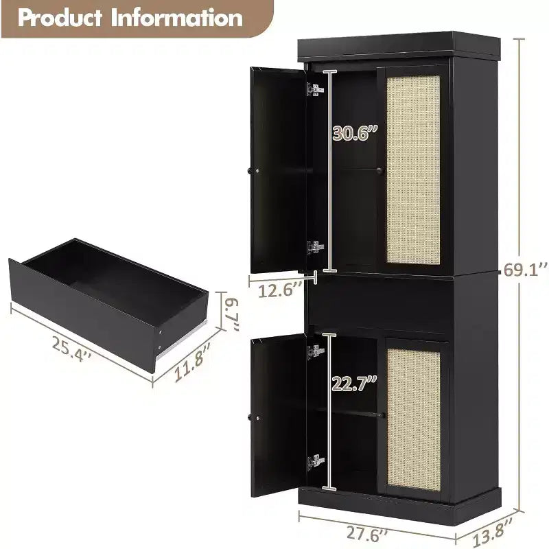 Armadietto contenitore in rattan marrone naturale a 4 ante con cassetto, montaggio da 1 persona