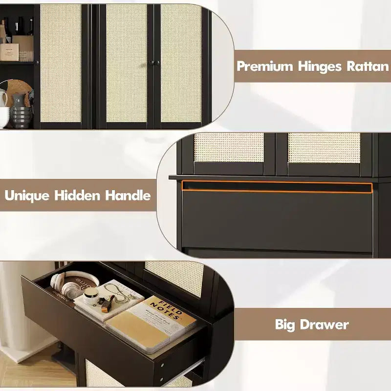 Armadietto contenitore in rattan marrone naturale a 4 ante con cassetto, montaggio da 1 persona