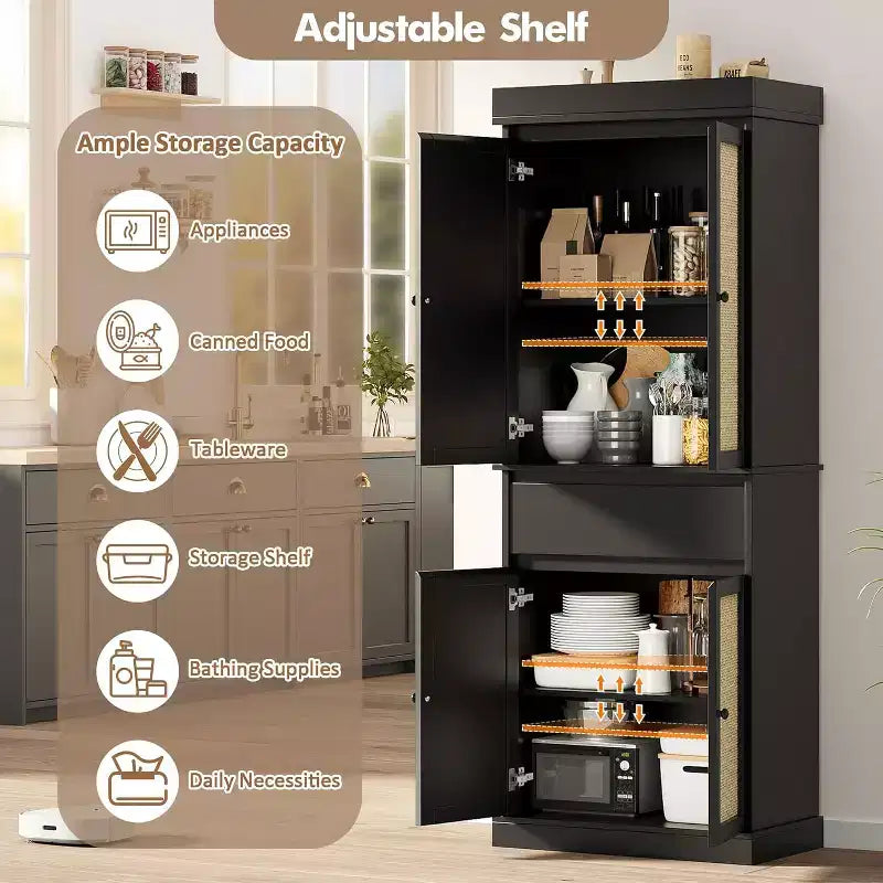 Armadietto contenitore in rattan marrone naturale a 4 ante con cassetto, montaggio da 1 persona