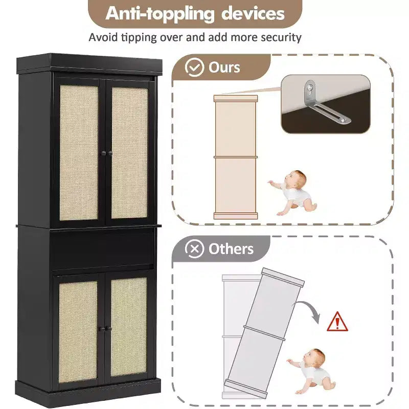 Armadietto contenitore in rattan marrone naturale a 4 ante con cassetto, montaggio da 1 persona