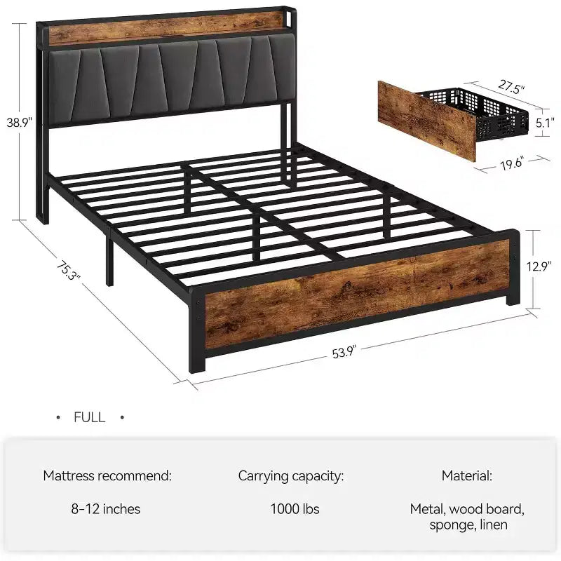 Telaio letto a piattaforma imbottito marrone vintage con testiera e cassetti contenitore, per 1-2 persone