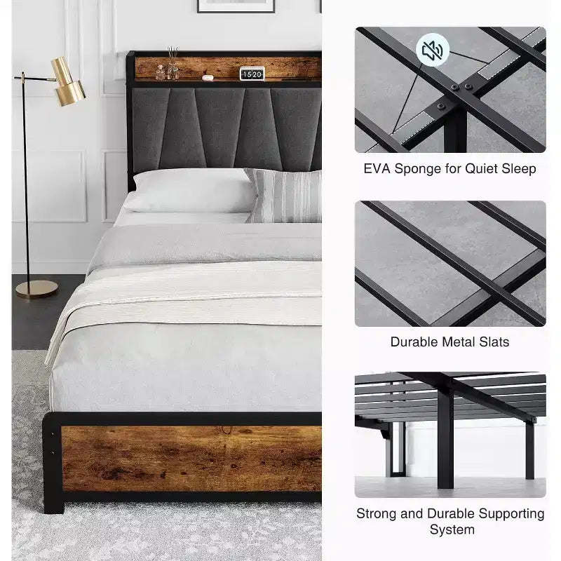 Telaio letto a piattaforma imbottito marrone vintage con testiera e cassetti contenitore, per 1-2 persone