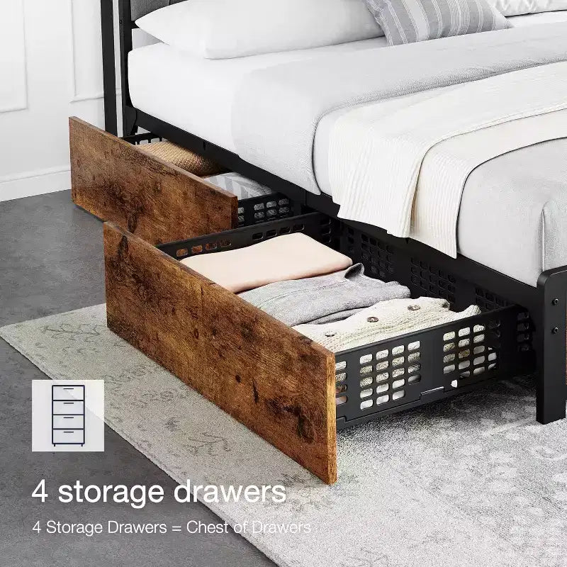 Telaio letto a piattaforma imbottito marrone vintage con testiera e cassetti contenitore, per 1-2 persone