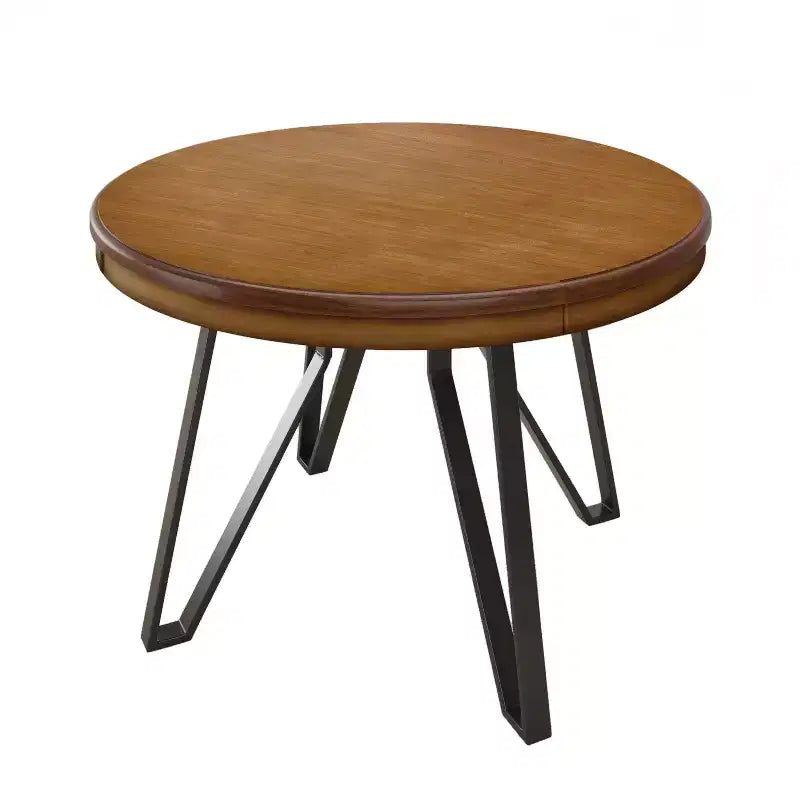 Tavolo da pranzo rotondo marrone e nero, piano in MDF, gambe in ferro, 4 posti a sedere