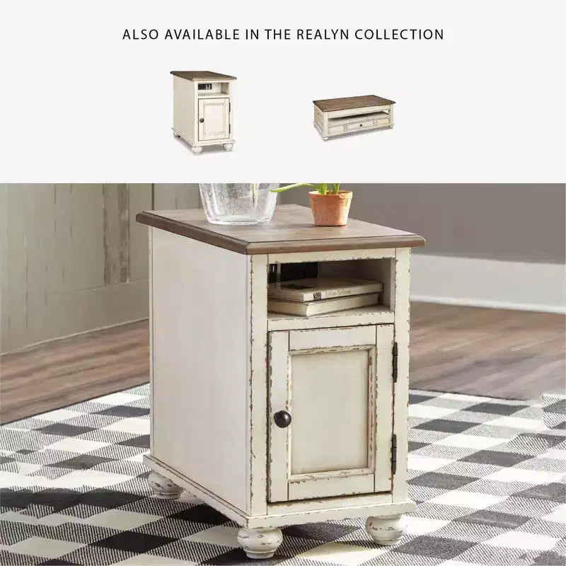 Tavolino finale con scaffale aperto, porte USB e prese di corrente, bianco e marrone – 1 pezzo