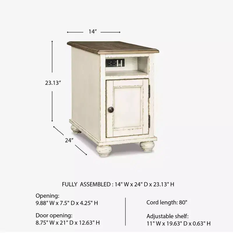 Tavolino finale con scaffale aperto, porte USB e prese di corrente, bianco e marrone – 1 pezzo